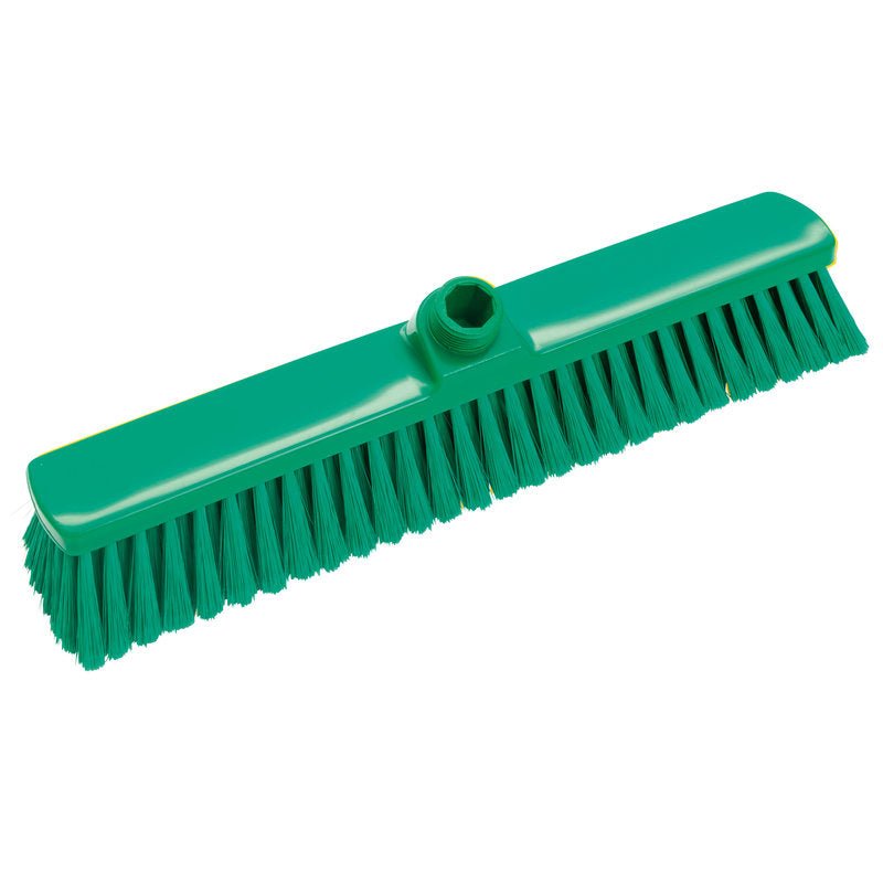 The broom head LARGE AREA BROOM of Haug Bürsten KG has soft, closed PBT bristles (ø 0.25mm), measures 400x60x50mm, and a central threaded hole for handle attachment. The illustration shows it on a white background and is ideal for floor cleaning.