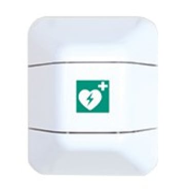 Der Novocal help Defibrillator-Schrank aus Kunststoff von Novocal ist ein weißer, an der Wand montierter Defibrillator-Schrank mit einem grünen Herz, einem Blitz und einem Pluszeichen, das auf die Aufbewahrung des Defibrillators hinweist.