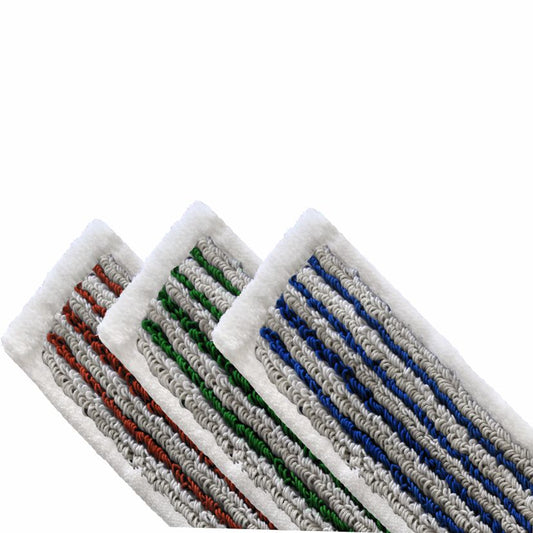 Drei Arcora Flachpressmopp Hospital Hygiene Plus Mopps (40 cm, Spezial Polyester Tasche) von Arcora International GmbH sind nebeneinander mit farbigen Streifen - rot, grün und blau - auf grauem Grund abgebildet, jeweils mit weißem Rand. Der Hintergrund ist einfarbig weiß.