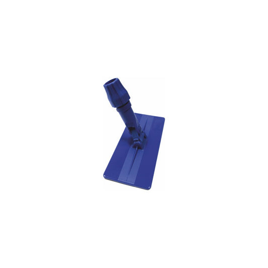 Der Arcora Handpadhalter Mit Stielhaltergelenk von Arcora International GmbH ist ein blauer, rechteckiger Kunststoffhalter für die Gebäudereinigung, mit einem verstellbaren Winkelanschluss, abgebildet auf weißem Hintergrund. Verkauft in Kartons zu 50 Stück.