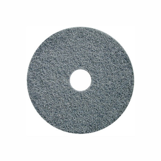 Ein runder, kastanienbrauner Arcora Maroon Heavy Duty Stripper-Pad (20" / 508 mm) von Arcora International GmbH, von oben gesehen, mit zentralem Loch und strukturierter Oberfläche, zum Entfernen von nassen oder trockenen Bodenbelägen ohne Chemikalien. Schachtel mit 5 Stück.