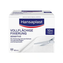 The discontinued item Hansaplast Sensitive full-surface fixation (10 cm x 10 m, 1 piece) by Beiersdorf AG is ideal for fixing and protecting wound dressings. The packaging is predominantly white with blue and red accents.