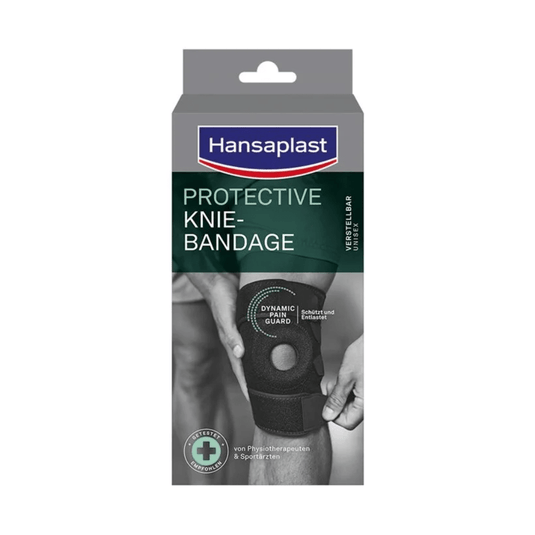 Front view of a Beiersdorf AG Hansaplast Protective Knee Brace, adjustable | Package (1 piece), featuring a photo of a person wearing the black knee brace and information about stability in German and English on the packaging.