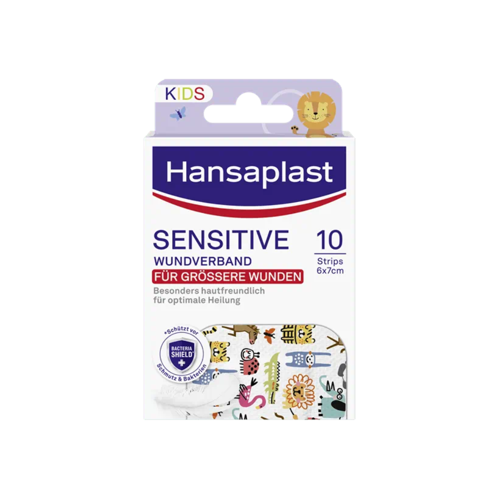 Pack of Beiersdorf AG Hansaplast Sensitive Kids Wound Dressing, 6 x 7 cm | Pack (10 pieces), consisting of 10 strips of 6x7cm each. The packaging features a lion illustration and emphasizes that the plaster is a skin-friendly wound dressing and ensures optimal healing for sensitive skin.