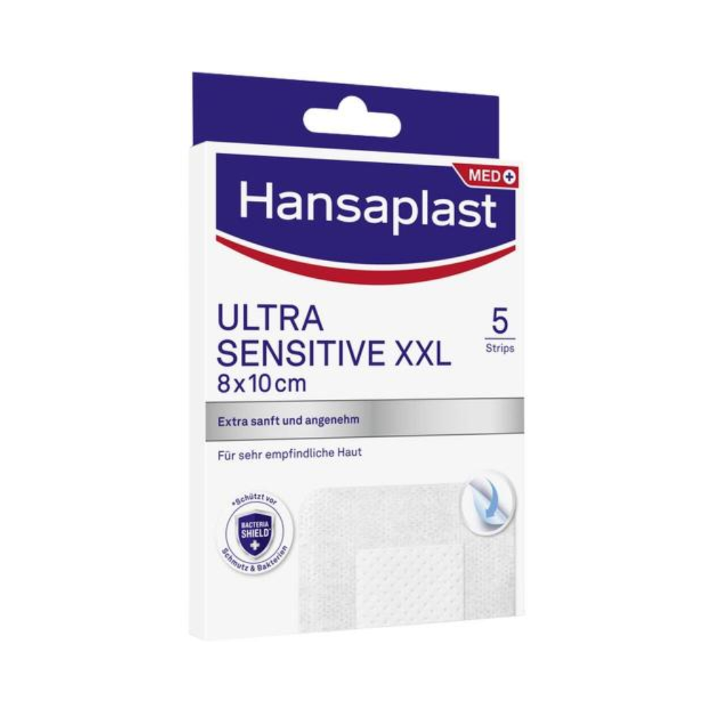 An image of a Beiersdorf AG Hansaplast Sensitive XXL, especially skin-friendly 8 x 10 cm | Pack (5 pieces)-box. The strips are designed for very sensitive skin. The predominantly white-blue box contains text in German and English.