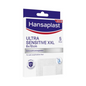 An image of a Beiersdorf AG Hansaplast Sensitive XXL, especially skin-friendly 8 x 10 cm | Pack (5 pieces)-box. The strips are designed for very sensitive skin. The predominantly white-blue box contains text in German and English.