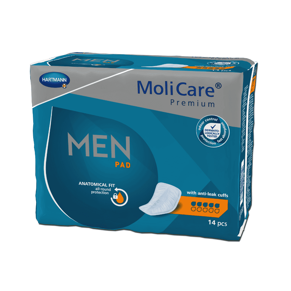 Eine Packung Hartmann MoliCare® Premium MEN PAD Einlage, bestehend aus 14 Stück mit anatomischem Passformschutz und auslaufsicheren Bündchen. Die Packung ist überwiegend blau mit Text und Logos in Orange und Weiß. Hergestellt von Paul Hartmann AG.