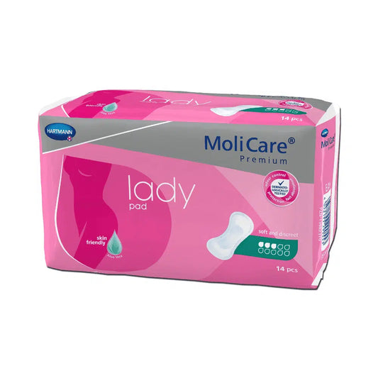 Eine Packung Hartmann MoliCare® Premium lady pad Einlagen mit 14 Stück. Die rosafarbene Packung zeigt eine Produktabbildung und ist mit der Aufschrift „weich und diskret“ mit einer Saugstärke von 4 Tropfen, ideal für leichte Blasenschwäche, und einem „hautfreundlich“-Symbol gekennzeichnet. Paul Hartmann AG