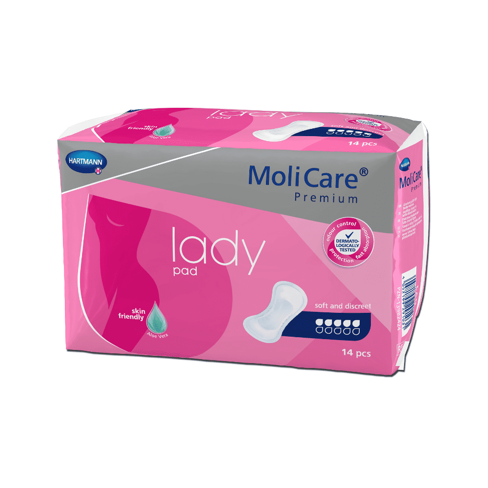 Eine Packung Hartmann MoliCare® Premium Lady Pad Einlagen mit 14 Stück. Die Packung ist rosa und lila und hat ein weißes Tropfensymbol, das anzeigt, dass sie für Personen mit leichter Blasenschwäche hautverträglich ist. Der Text auf der Verpackung enthält „weich und diskret“ und das Logo „Paul Hartmann AG“ in der oberen linken Ecke.