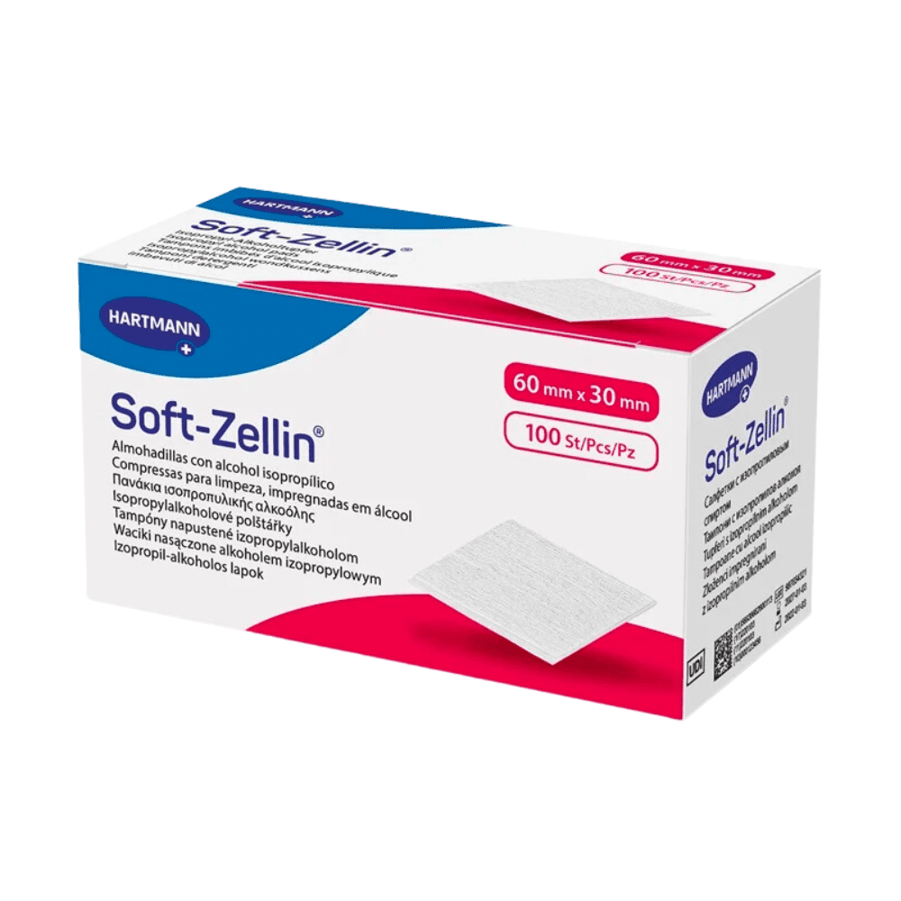 A white rectangular box with the inscription “Hartmann Soft-Zellin Alcohol Swabs – 100 Pieces | Pack (100 Pieces)” contains 100 alcohol swabs measuring 60 mm x 30 mm, ideal for skin cleaning before injections. The box displays the logo of Paul Hartmann AG and an image of one of the alcohol swabs. The text on the box is multilingual.