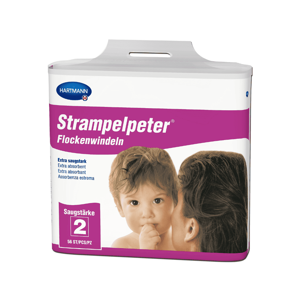 Eine Packung Hartmann Strampelpeter® Flockenwindeln - 56 Stück Saugwindeln mit dem Bild eines Babys, das das Gesicht einer Frau berührt. Der Text gibt „Größe 2“ an und beinhaltet.