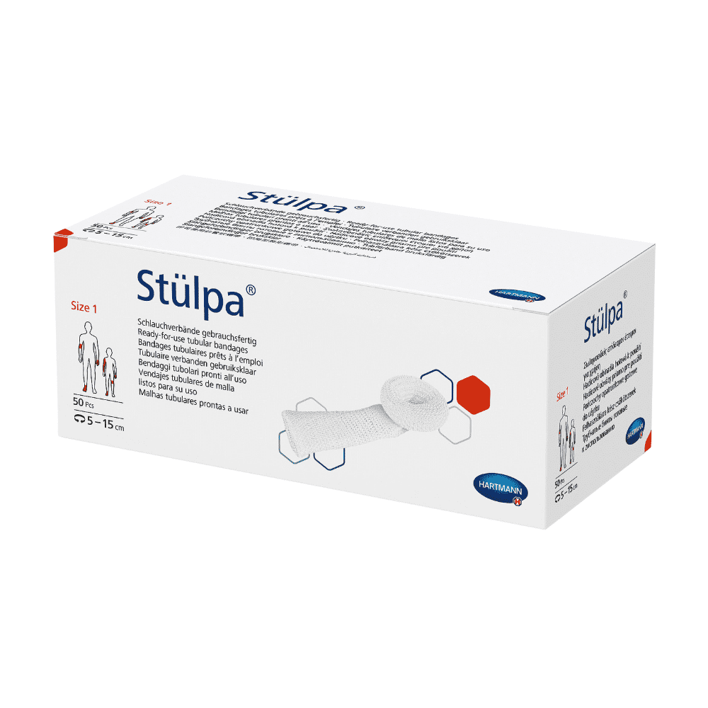 Eine Schachtel Hartmann Stülpa® Schlauchverbände der Paul Hartmann AG mit Schlauchverbänden der Größe 1 für den medizinischen Gebrauch mit auf der Verpackung abgebildeten Spezifikationen und Gebrauchsanweisungen.