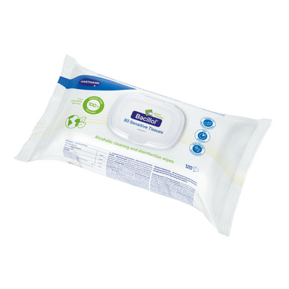 A pack of Hartmann Bacillol® 30 Sensitive Green Tissues Rapid Disinfection Wipes | Pack (120 wipes) from Paul Hartmann AG. The white packaging features blue and green accents and contains text indicating that it holds 120 alcohol-based, environmentally friendly cleaning and disinfection wipes. On the front, there is a resealable label with product information.