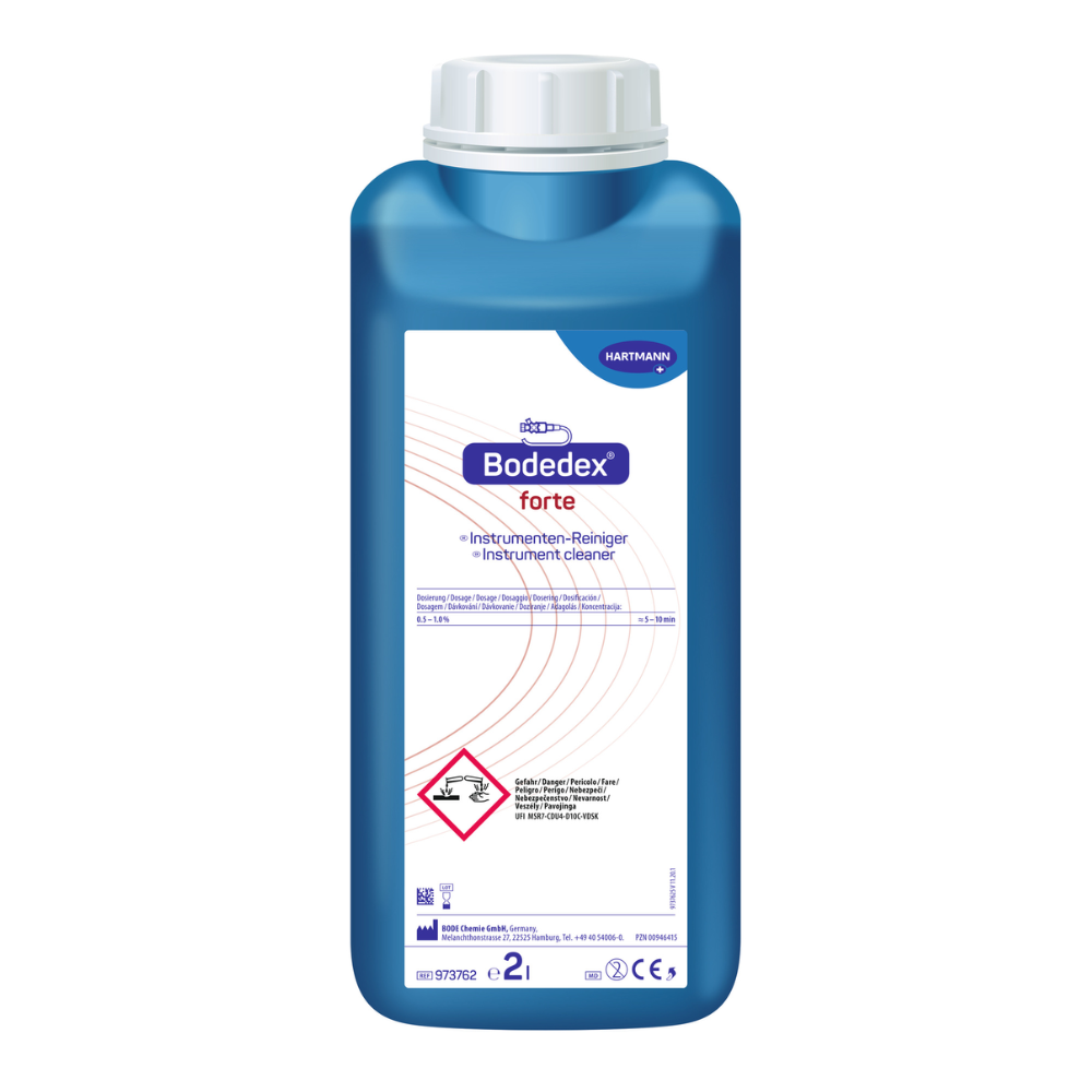 Hartmann Bodedex® forte bottle, an instrument cleaner with a white-purple label. The label contains instructions for use and hazard symbols. The container has a capacity of 2 liters.