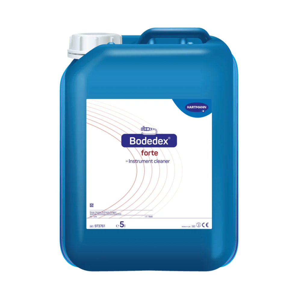 A blue plastic canister with the inscription 'Hartmann Bodedex® forte Instrument Cleaner' by Paul Hartmann AG, with fill level markings and multilingual product descriptions.