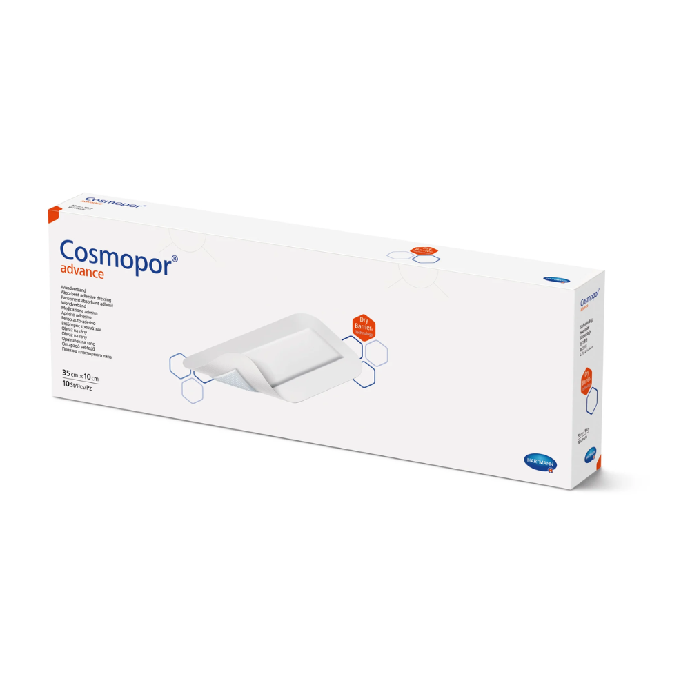 A rectangular white box with Hartmann Cosmopor® Advance Post-OP dressing - various sizes by Paul Hartmann AG is displayed. The packaging shows the product name Post-OP dressing, a partial image of the dressing in use, and text in red and blue. Hexagonal design elements are located on the edges of the box, promoting the advanced DryBarrier technology.
