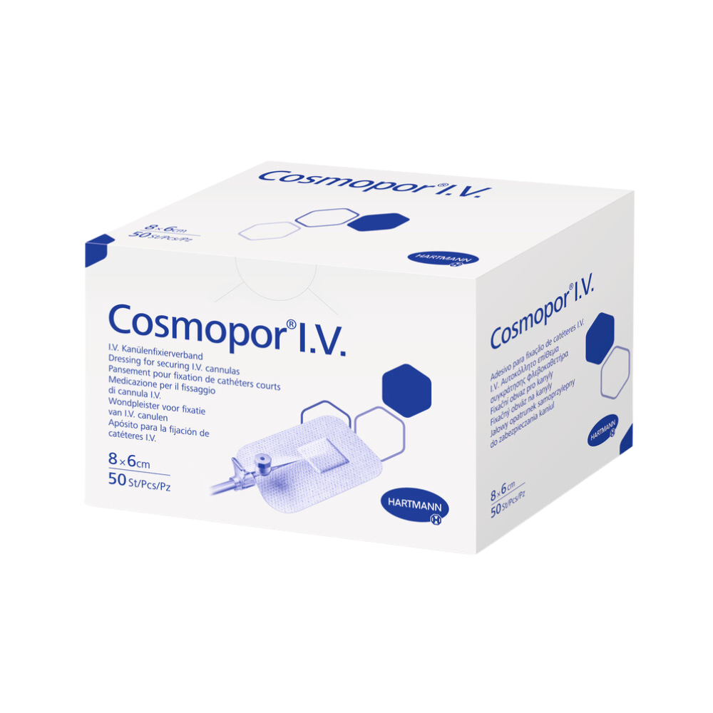 Eine Schachtel Hartmann Cosmopor® I.V. Kanülenfixierverband-Verbände der Paul Hartmann AG zur Fixierung von IV-Kanülen. Die Verpackung ist weiß und blau und enthält Produktinformationen und Bilder des Verbands. Enthält 50 Stück.