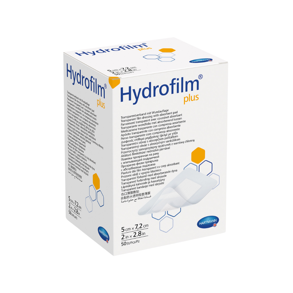 A box of Paul Hartmann AG discontinued item: Hydrofilm Plus 5x7.2cm, pack of 50 pieces, including product information and image of the transparent dressing against a white background.