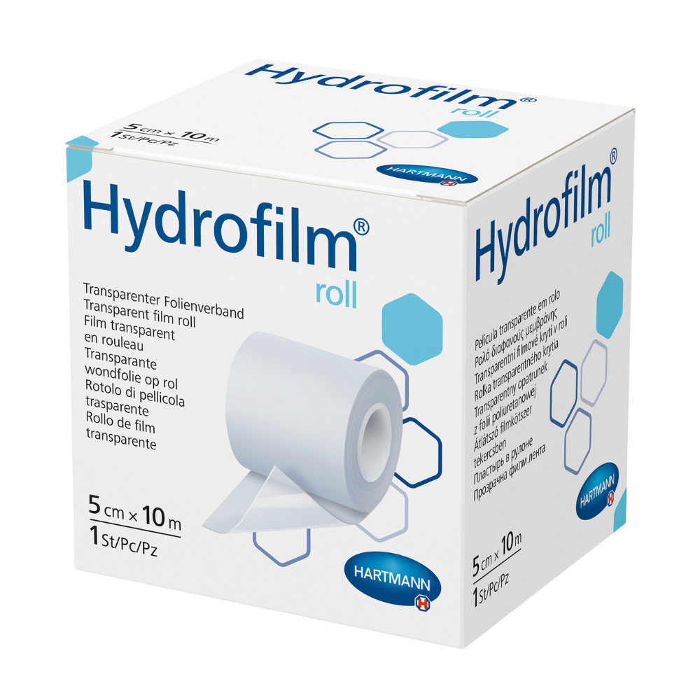 A box of Hartmann Hydrofilm® roll by Paul Hartmann AG, a transparent film dressing. The packaging is predominantly white and light blue and displays the product name, application images, and size information.