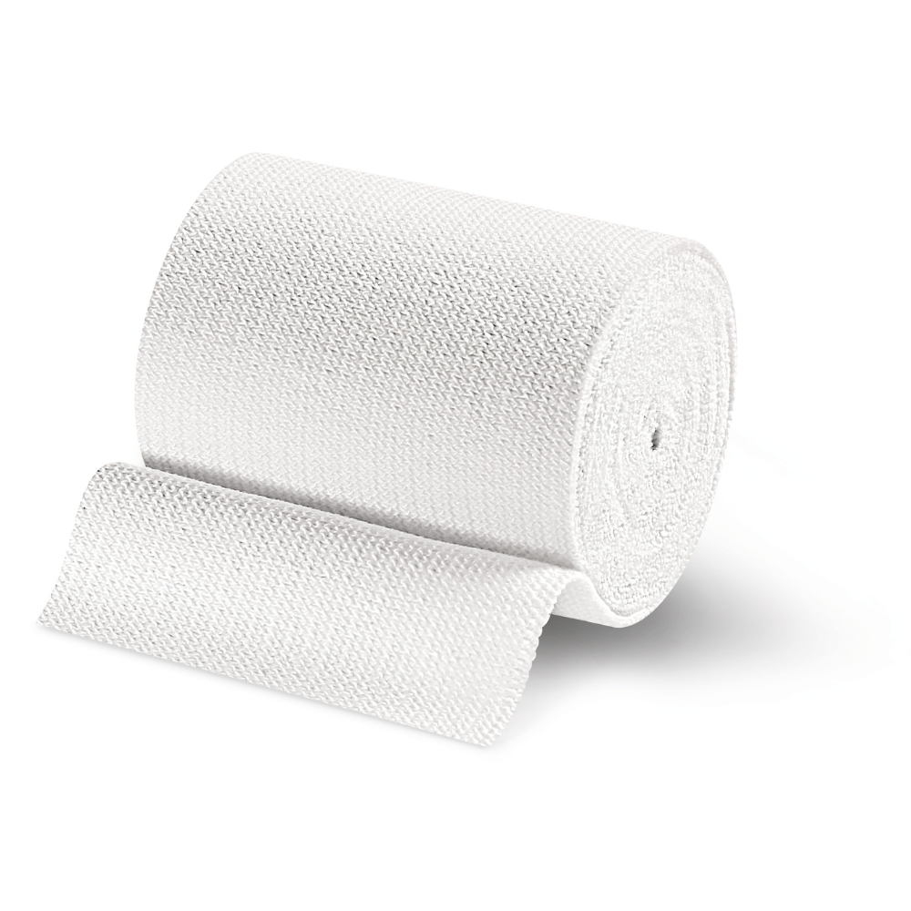 A roll of white, textured Idealbinde adhesive tape by Hartmann, partially unrolled, against a clean white background.