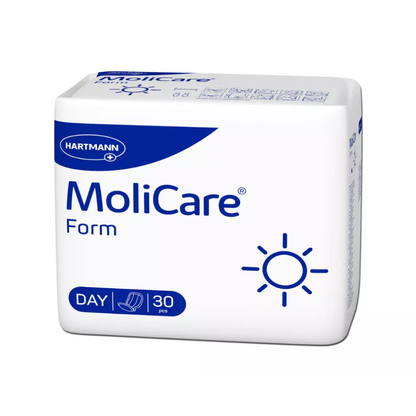 A pack of Paul Hartmann AG Hartmann MoliCare Form Day incontinence pad | Pack (30 pieces), designed for "day use" with 30 pieces. Marked with a sun symbol, these incontinence pads offer reliable protection. The packaging is mainly white with blue accents and text.