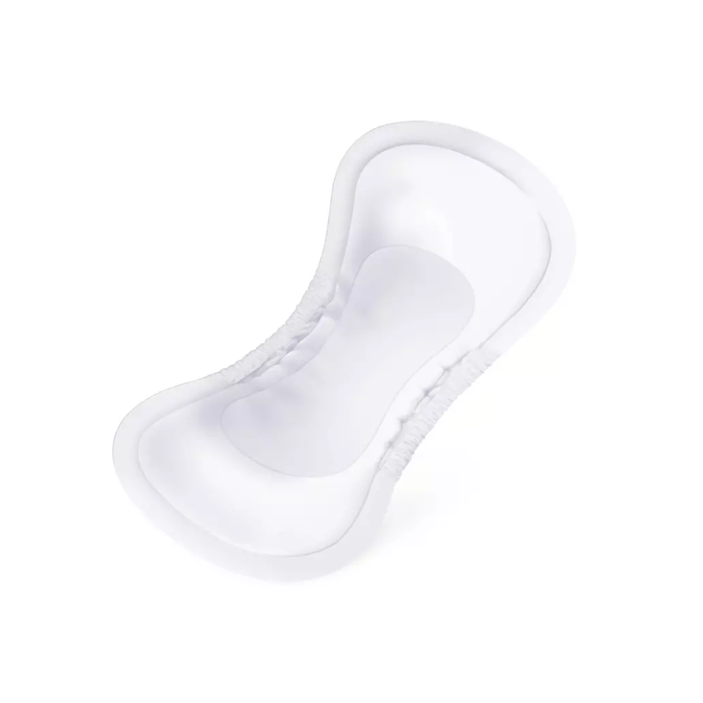 Pictured is a white, ergonomically shaped Paul Hartmann AG Hartmann MoliCare Pad Night incontinence pad. The pad has raised, elastic edges for better fit and protection as well as a smooth central area for more absorbency. The product was developed for urine incontinence management and appears unused and clean against a white background.