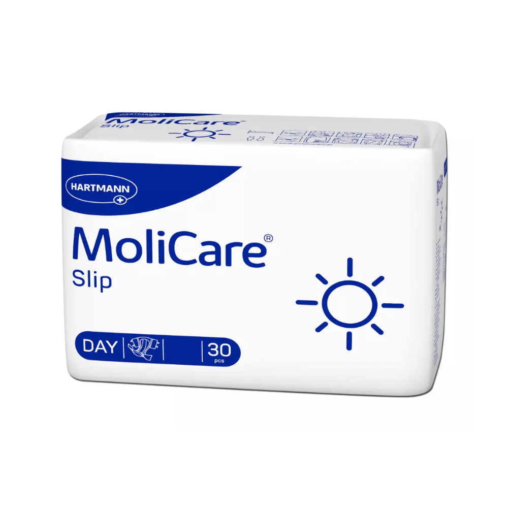 The MoliCare Slip Day incontinence pants by Paul Hartmann AG for urinary and fecal incontinence are delivered in a white package with blue accents, show a sun symbol, and contain 30 pieces for daily use.