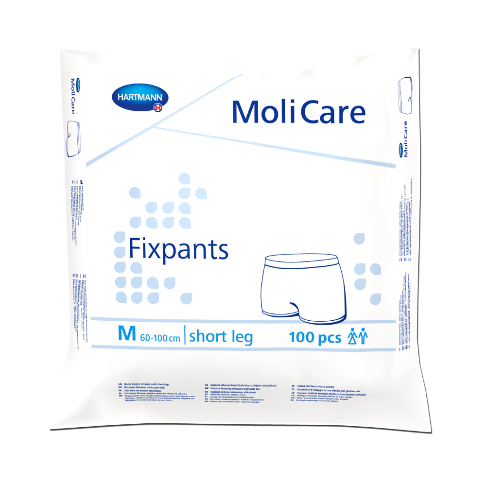 Eine Packung mit 100 Hartmann MoliCare® Fixpants Netzhosen (mittel, kurzes Bein) der Paul Hartmann AG in weißer Verpackung mit blauem Text und Unterwäscheabbildungen – geeignet zur Verwendung mit Inkontinenzeinlagen.