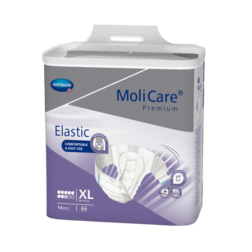 A Paul Hartmann AG Hartmann MoliCare® Premium Elastic pack of adult diapers, size XL with 14 pieces, with white and purple branding for severe urinary and fecal incontinence