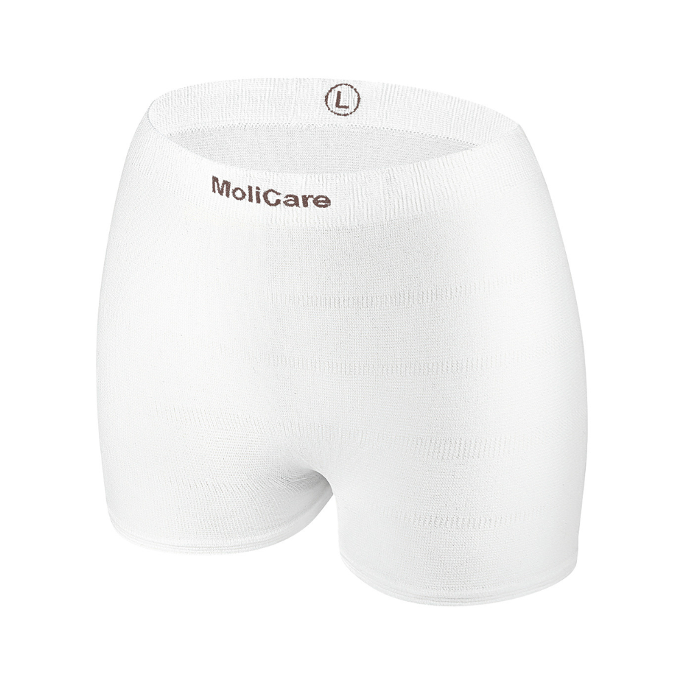 Hartmann MoliCare® Fixpants mesh pants by Paul Hartmann AG, white incontinence underwear for adults in size L with waistband label, designed for secure fixation of incontinence pads, depicted on a plain white background.