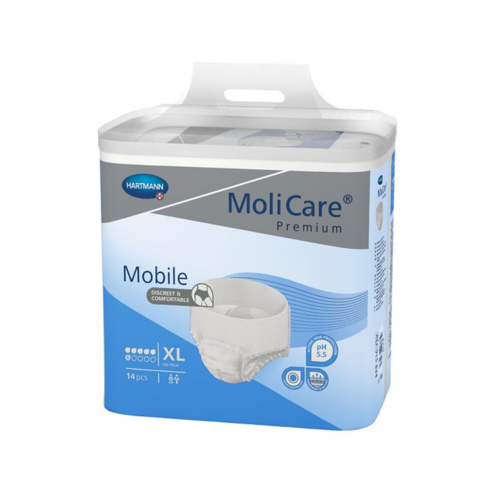 Eine Produktpackung der Hartmann MoliCare® Premium Mobile Inkontinenzpants der Paul Hartmann AG in der Größe XL mit 14 Stück. Die Verpackung ist blau und weiß mit Bildern, die Saugfähigkeit und Tragekomfort demonstrieren.