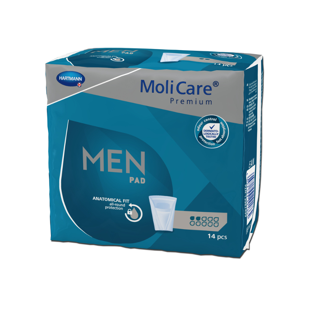 Eine blaue Verpackung mit Hartmann MoliCare® Premium MEN PAD Einlage - 14 Stück, mit anatomischer Passform für optimalen Schutz. Auf der Verpackung sind außerdem Symbole zu sehen, die auf Produkteigenschaften hinweisen.