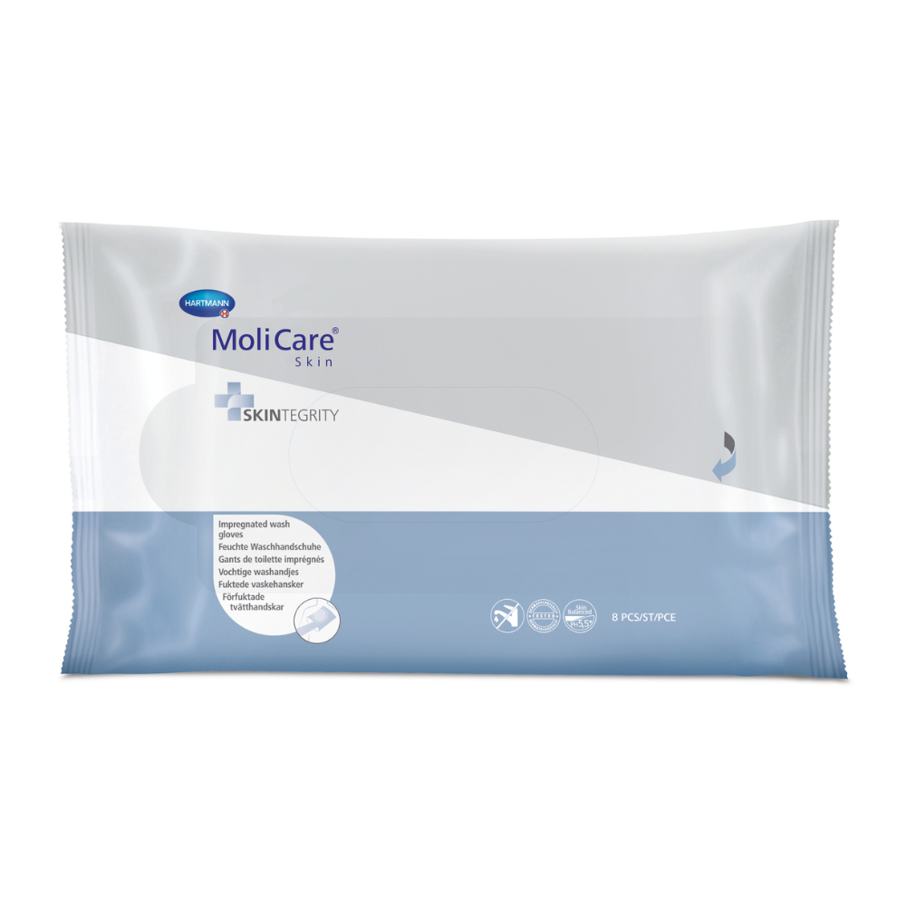 A pack of Hartmann MoliCare® Skin Moist Wipes with the label "Skintegrity". The packaging is predominantly blue and white and highlights features such as full-body wash.