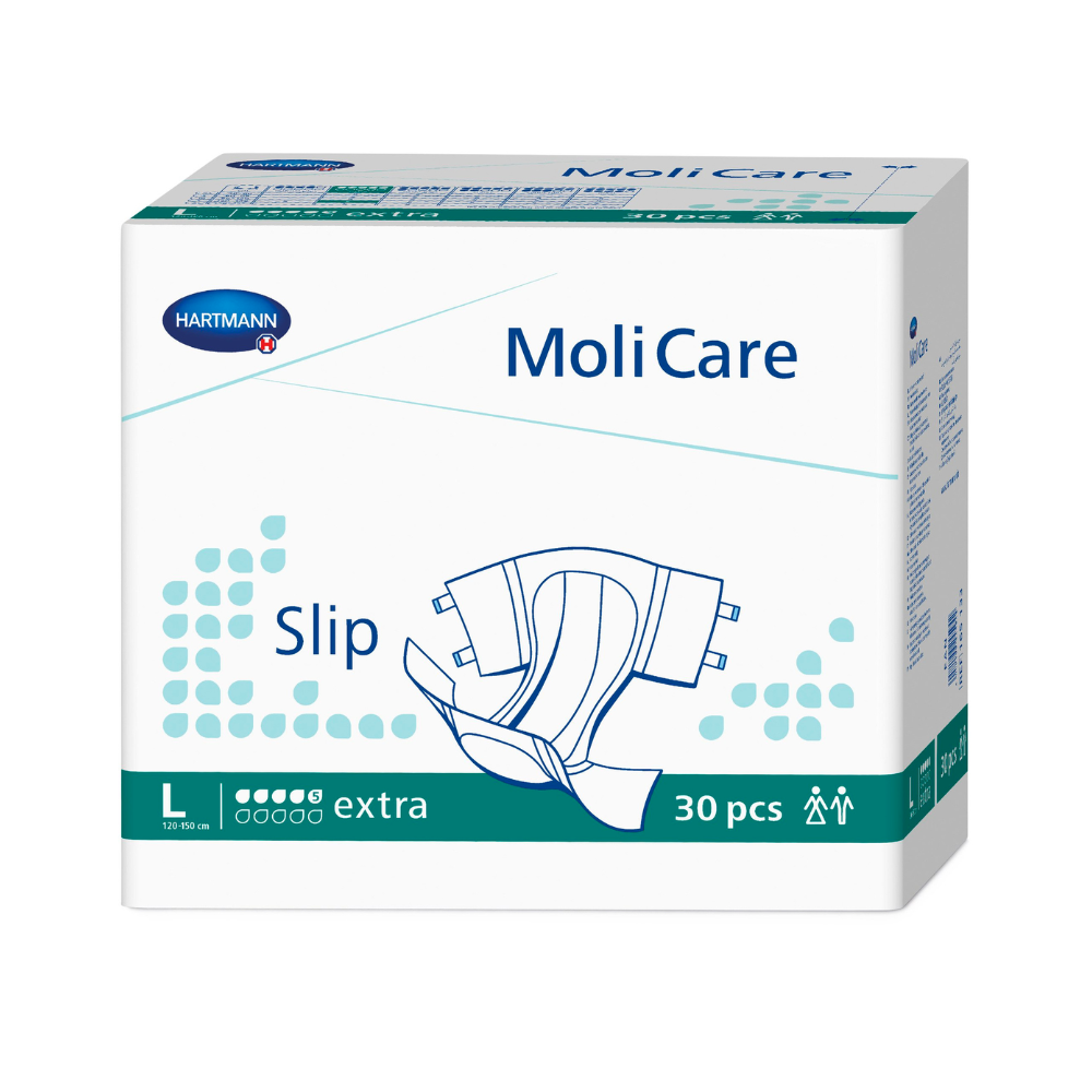 A box of Hartmann MoliCare® Slip extra 5 drop incontinence diapers, contains 30 pieces, mainly in white and blue-green with the brand Paul Hartmann AG and displayed product information.