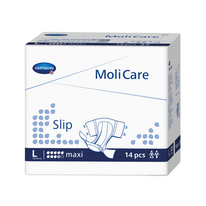 Eine Schachtel Hartmann MoliCare® Slip maxi 9 Tropfen Erwachsenenwindeln der Paul Hartmann AG in der Größe L, Inhalt 14 Stück, überwiegend weiße und blaue Verpackung mit Produktgrafiken und Text.