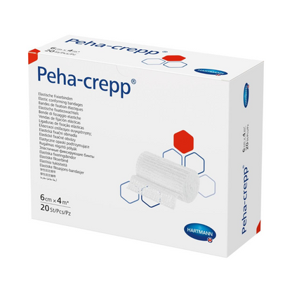 A box of Hartmann Peha-crepp® super-elastic fixation bandage – 20 pieces by Paul Hartmann AG, with multilingual descriptions and an illustration of the bandages on the right side of the packaging.