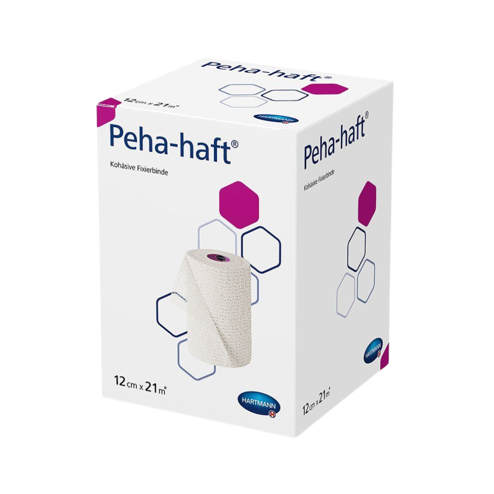 Eine Schachtel mit der kohäsiven Binde Hartmann Peha-haft® latexfrei der Paul Hartmann AG, auf der das Produkt teilweise ausgerollt auf der Verpackung abgebildet ist. Die Schachtel weist die Abmessungen 12 cm x 2 m auf.