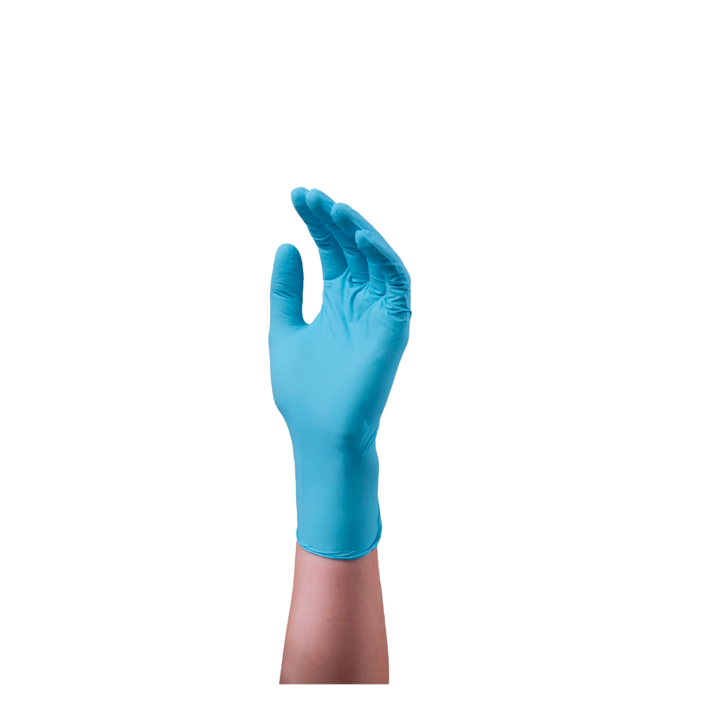 A hand wearing a blue powder-free nitrile glove Hartmann Peha-soft® isolated on a white background, with fingers bent upwards in a gripping or holding gesture.