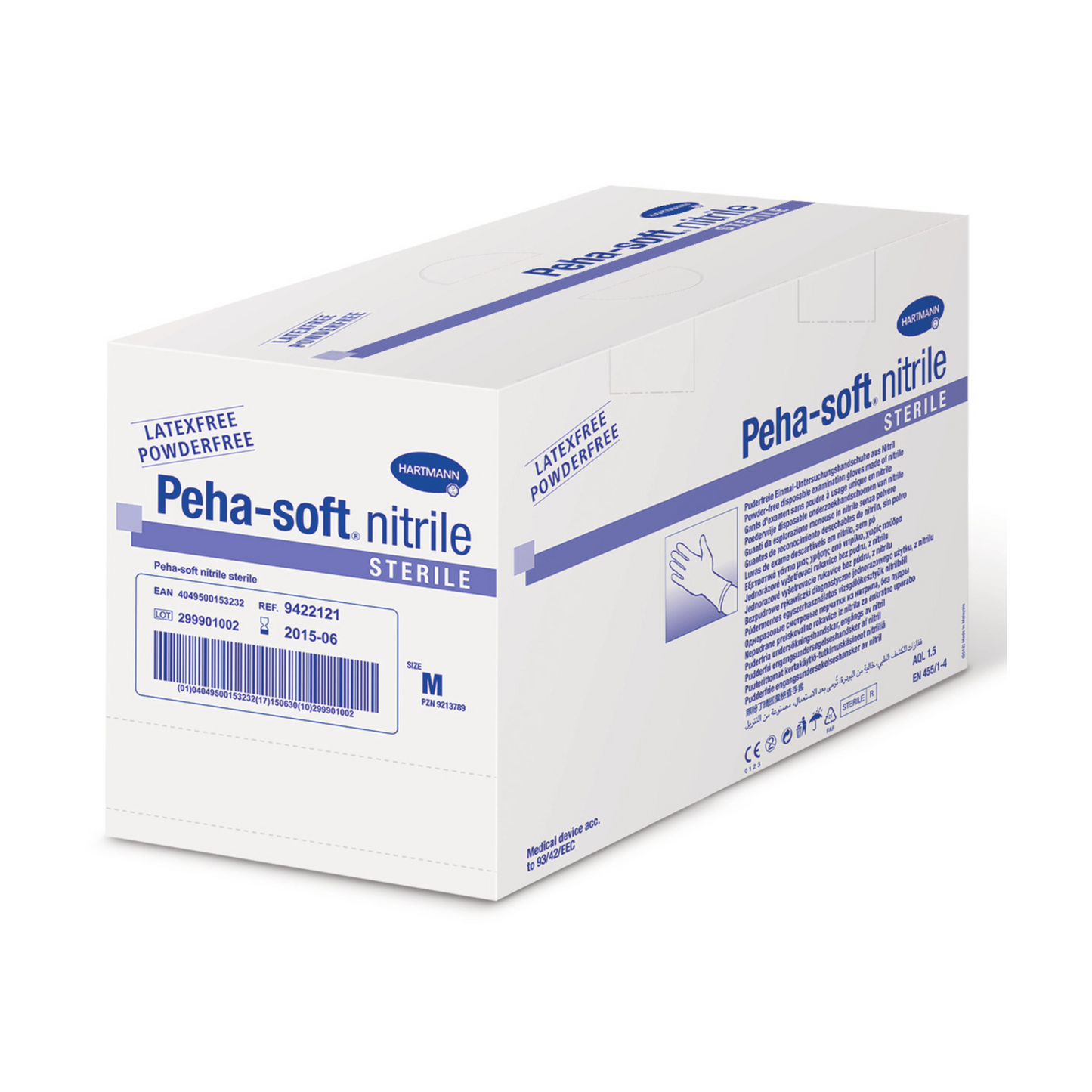 A box of sterile nitrile gloves Hartmann Peha-soft® from Paul Hartmann AG. The packaging is white and blue, indicating that the gloves are latex-free and powder-free. The details and certifications of these gloves.
