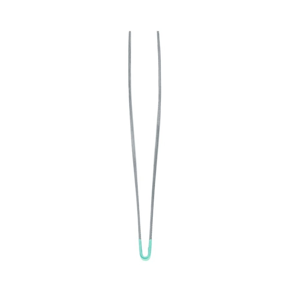 The Hartmann splinter forceps (Straight 9cm P25) from Paul Hartmann AG with light green rubber tip is depicted with the open ends facing upwards against a white background.