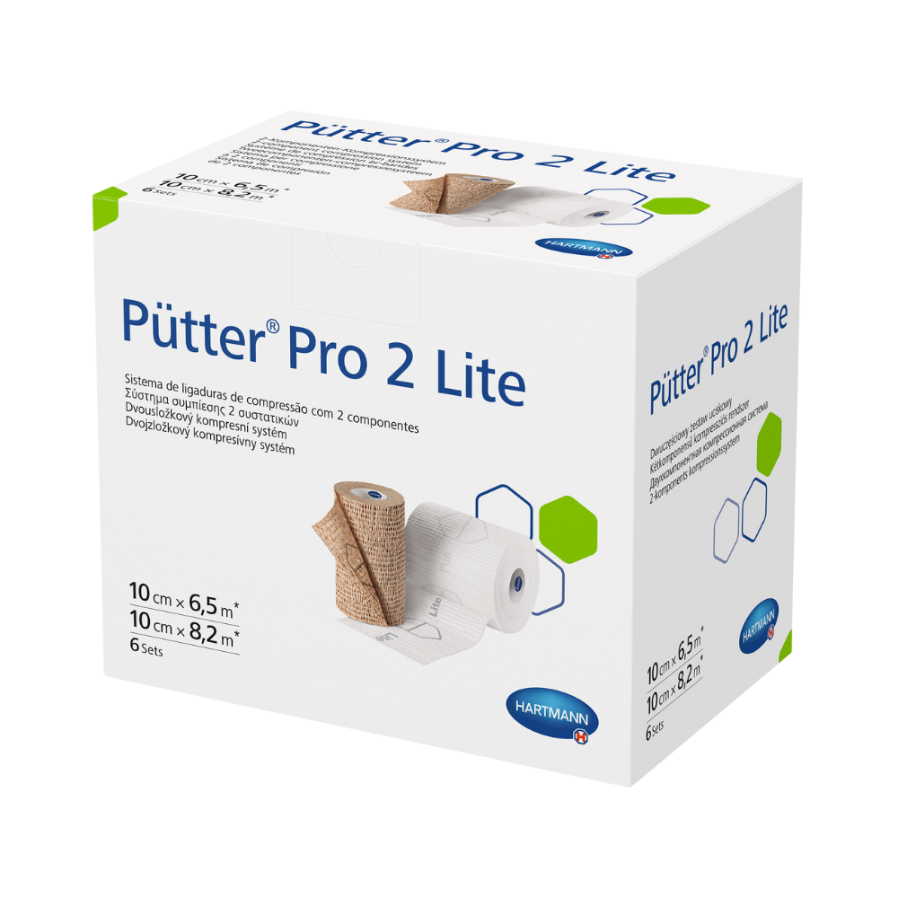 Eine Produktbox für das Hartmann Pütter® Pro 2 Lite Kompressionsbinde-Set-System, die Informationen zu den Produktabmessungen und zur Verwendung vor einem weißen Hintergrund anzeigt. Die Box ist weiß mit blauen und grünen Akzenten.