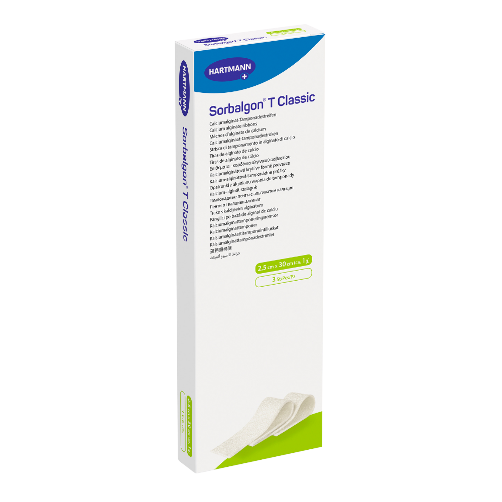 Box with sterile Sorbalgon® T-calcium alginate dressings from Paul Hartmann AG, size 2.5 cm x 30 cm. The packaging is white and green and contains multilingual text with product information.