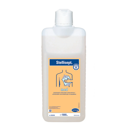 A white plastic bottle labeled "Hartmann Stellisept® med" with a blue-yellow label identifies it as an antimicrobial wash lotion for hygienic body washing.