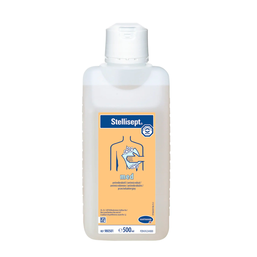 A bottle of Hartmann Stellisept® med antimicrobial wash lotion with a blue-yellow label highlighting the antimicrobial properties and symbols demonstrating hand washing. The bottle contains 500 ml. Brand name: Paul Hartmann AG