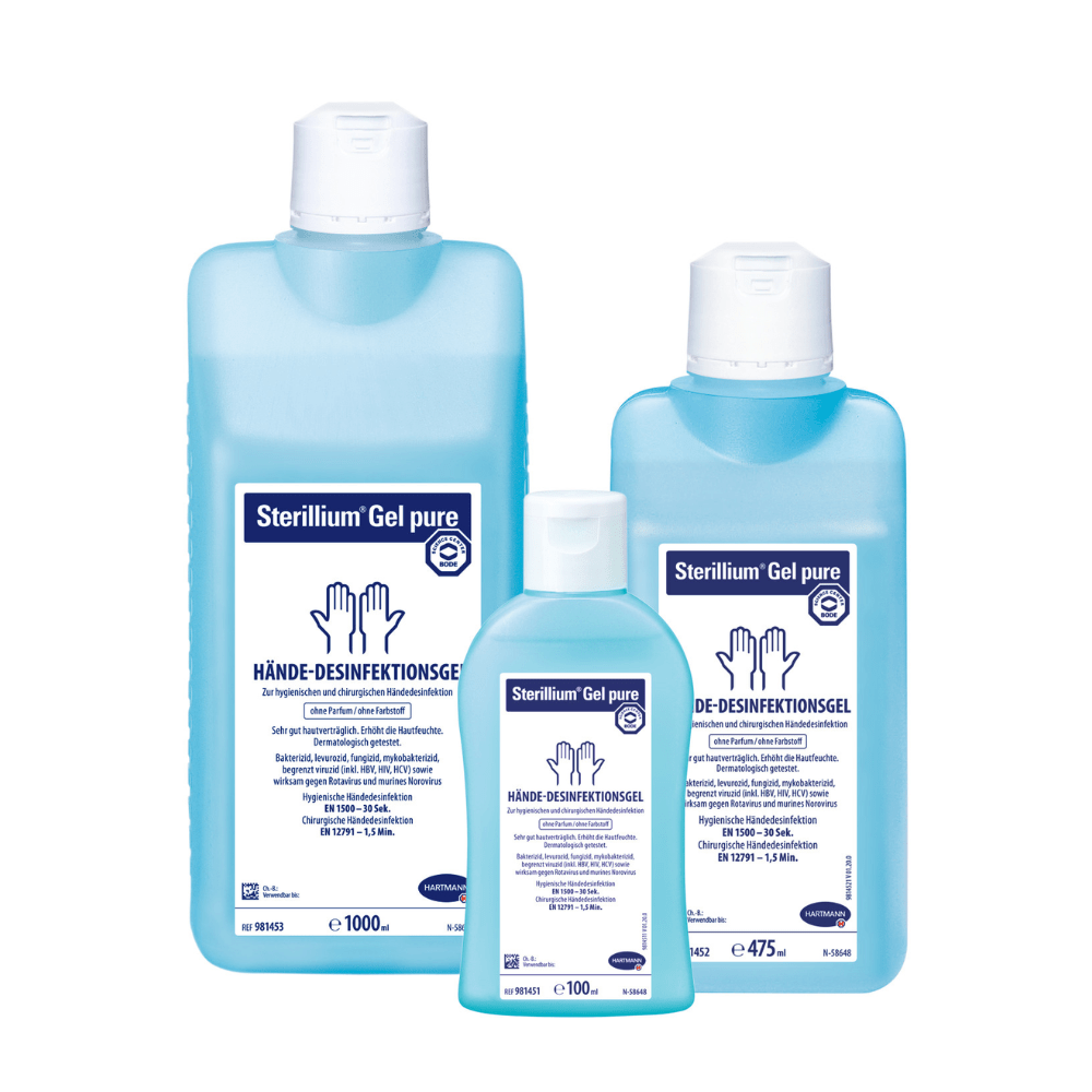 Three bottles of Hartmann Sterillium® Gel pure hand disinfectant gel in different sizes. The largest bottle holds 1000 ml, followed by a 475 ml and the smallest 100 ml. Brand: Paul Hartmann AG