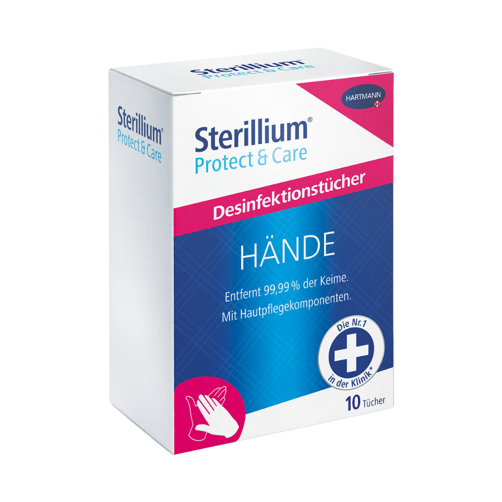 Eine rechteckige Schachtel Hartmann Sterillium® Protect & Care Händedesinfektionstücher (10 Tücher) der Paul Hartmann AG in blau, rosa und weiß mit deutschem Text; entfernt Bakterien und bietet geprüfte Hautverträglichkeit.