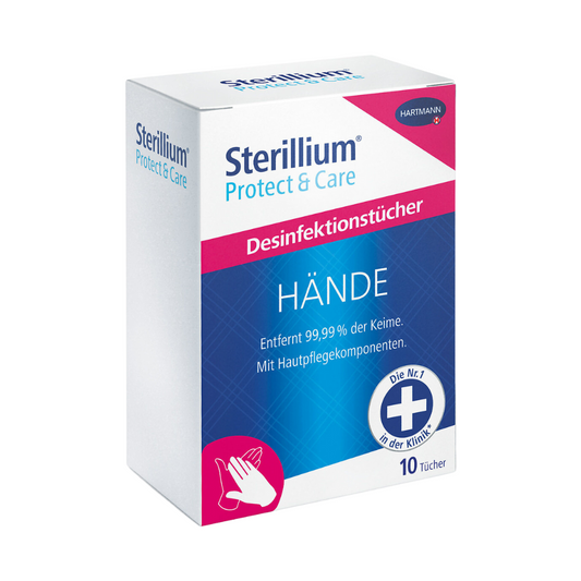 Schachtel mit Hartmann Sterillium® Protect & Care Händedesinfektionstüchern mit dem Text in Deutsch, der angibt „tötet 99,99 % der Keime“. Die Verpackung zeigt ein Handsymbol der Paul Hartmann AG.