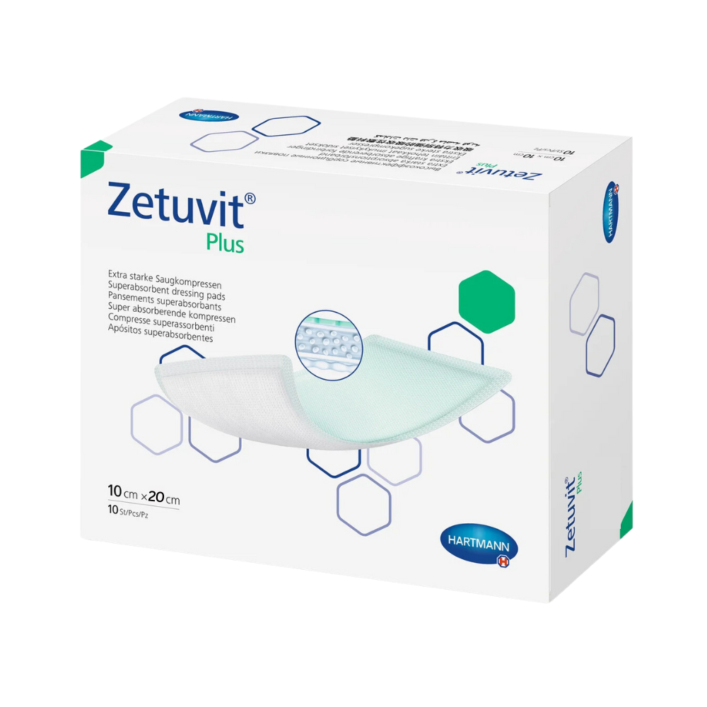 Eine Schachtel Hartmann Zetuvit® Plus Superabsorber-Wundauflagen der Paul Hartmann AG mit zehn Pads der Größe 10 x 20 cm, mit der Abbildung eines Pads auf der Schachtel.