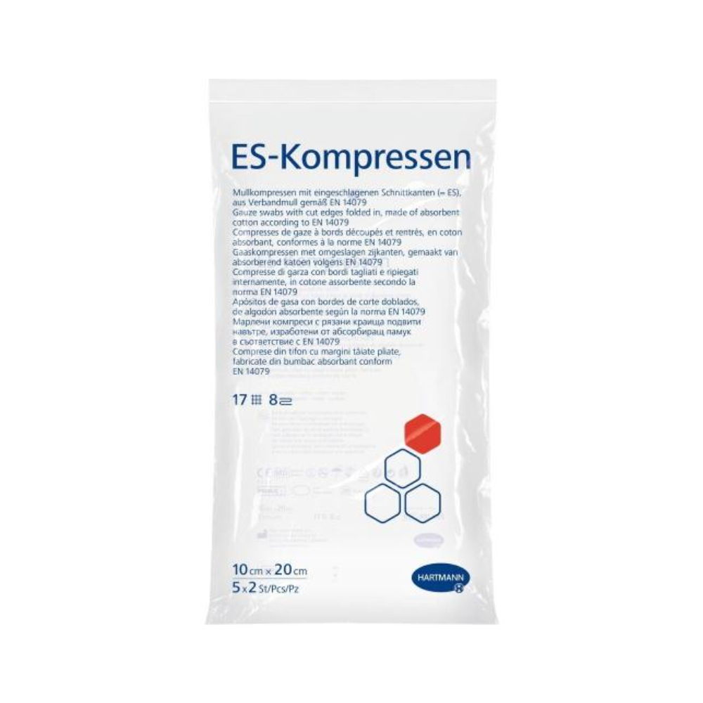 A package of Paul Hartmann AG Hartmann ES-Compresses, 8-ply, sterile - 5 x 2 pieces for wound care, dimensions 10 cm x 20 cm. The packaging is white with blue and red text and a transparent window showing the contents. Contains 8 gauze compresses, 17-thread, high absorbency, and low lint formation.