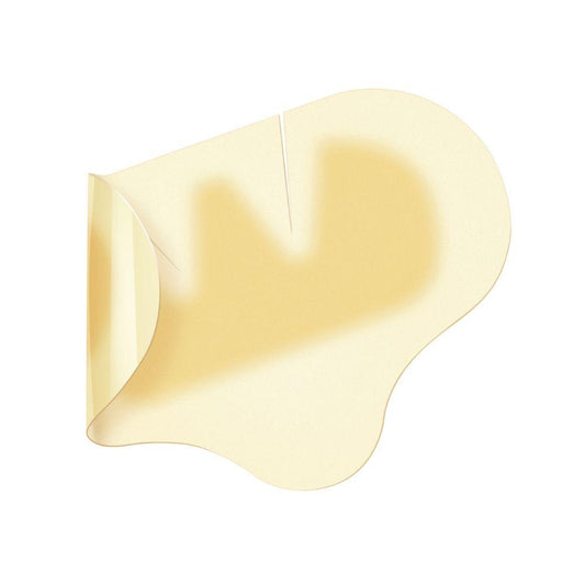 Abgebildet ist ein Hartmann Hydrocoll® Classic Concave steril 8 x 12 cm Verband der Paul Hartmann AG auf weißem Hintergrund, eine Ecke angehoben – ideal für feuchte Wundbehandlung zur Unterstützung von Granulation und Epithelisierung. Packung (10 Stück).